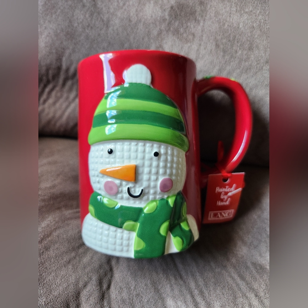 Lang Snowman Mug Painted By Hand Red NWT